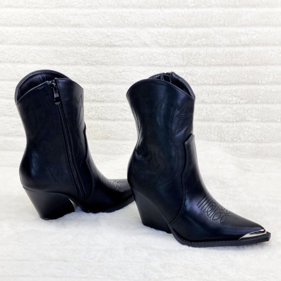 Tallas Black Cowgirl Cowboy Ankle Boots Western Block Heels - Picture 3 of 9